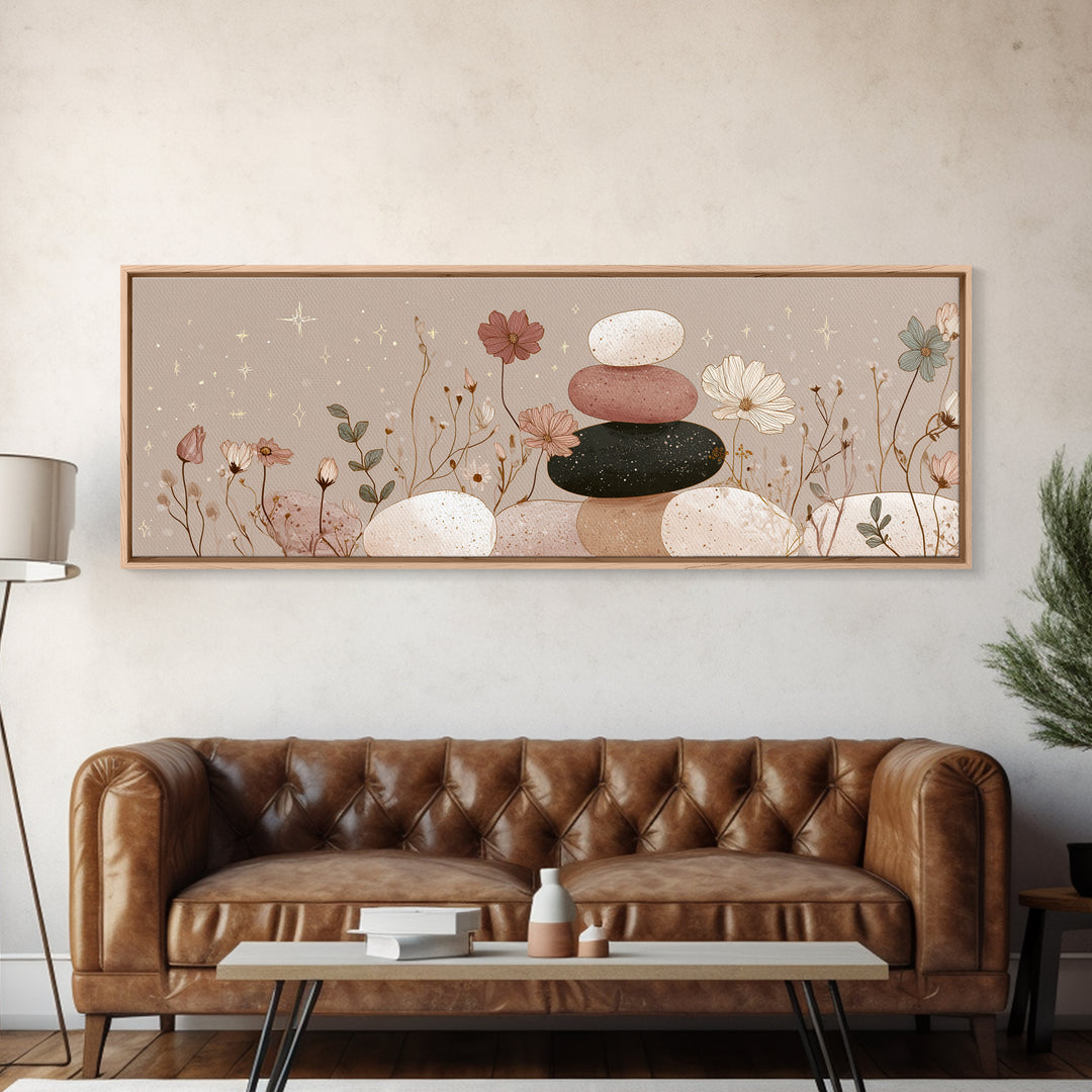Stacked Zen Stones And Wildflowers Wall Art, Neutral Spa Canvas Print, Mindfulness Decor, Calming Boho Bathroom Art Gift
