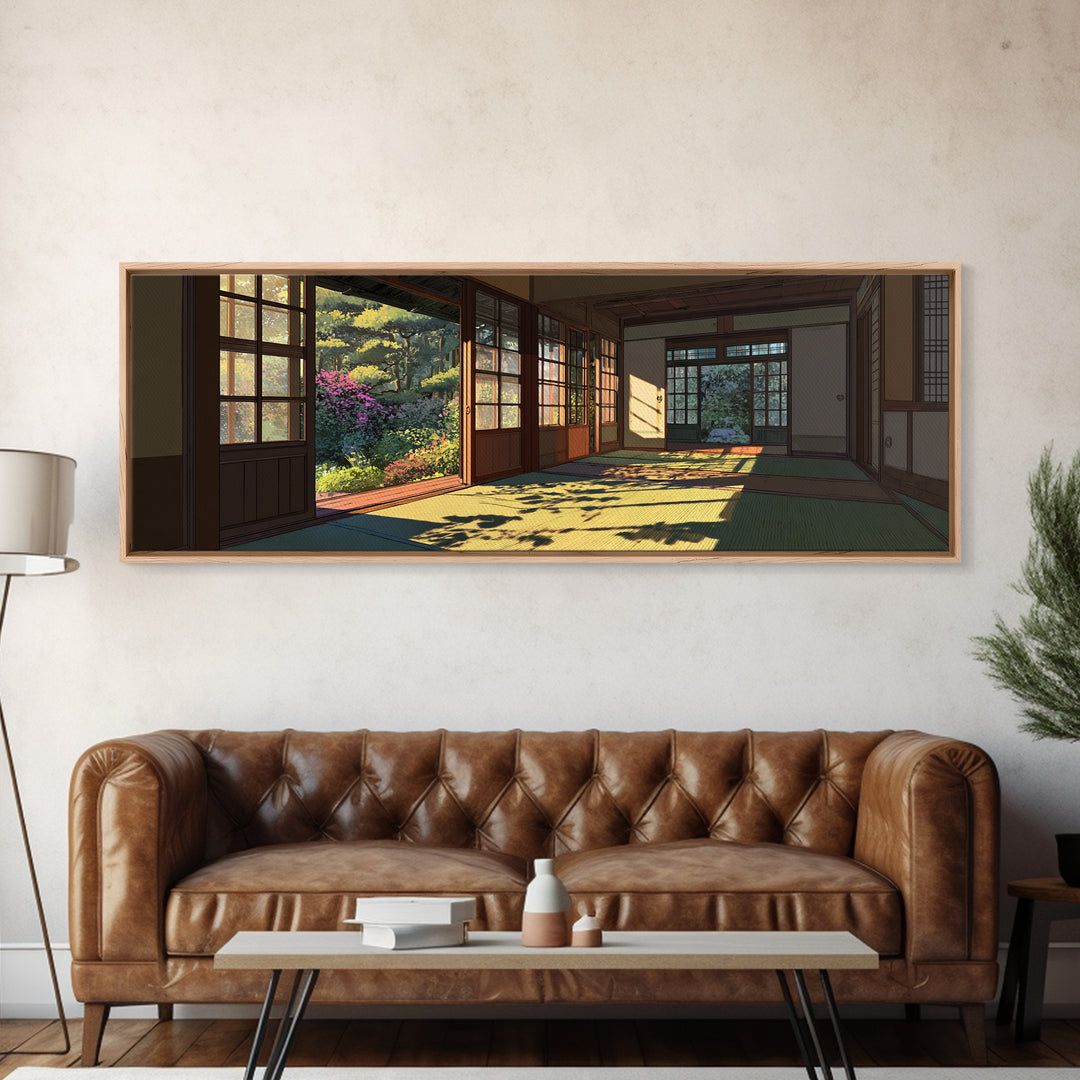 Sunlit Japanese Tatami Garden Room Wall Art, Japandi Home Decor, Zen Landscape Print, Calming Asian Inspired Living Room Decor