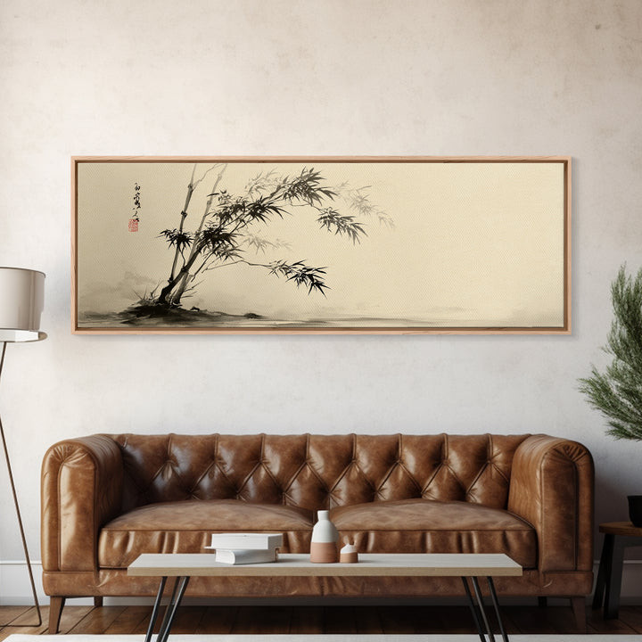 Japanese Bamboo Ink Painting Wall Art, Minimalist Sumi Canvas Print, Zen Botanical Decor, Neutral Japandi Wall Decor Print