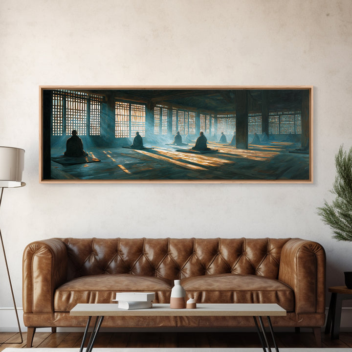Meditation Hall With Monks And Sunbeams Wall Art, Zen Framed Canvas Print, Spiritual Decor, Yoga Studio, Prayer Room Art