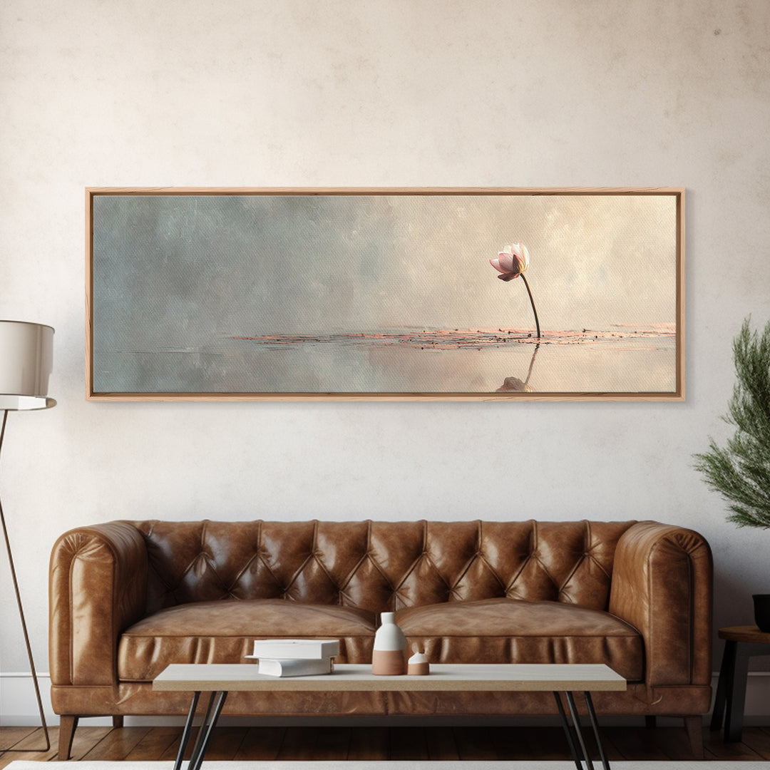 Single Lotus On Still Water Wall Art, Minimalist Floral Canvas Print, Neutral Zen Decor, Japandi Meditation Room Art Print