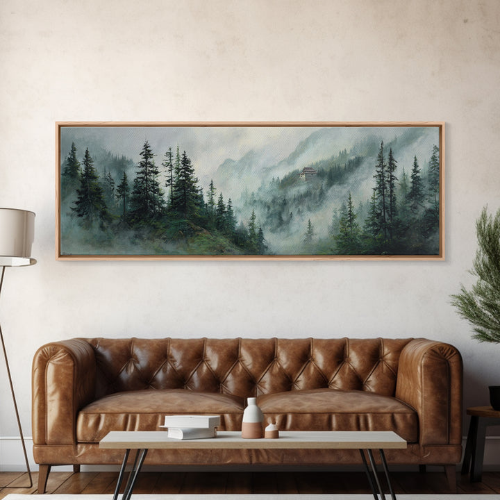 Misty Pine Mountain Temple Wall Art, Foggy Evergreen Forest Landscape, Japandi Nature Decor, Long Horizontal Canvas Print