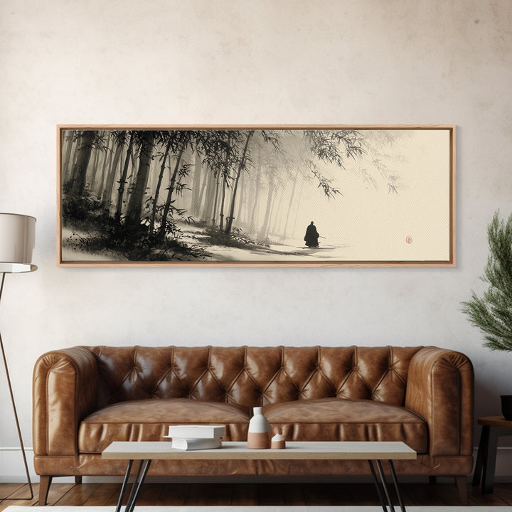 Misty Bamboo Forest Monk In Ink Wash Framed Canvas Print, Japanese Wall Art, Zen Meditation Decor, Japandi Home Decor, Calming Wall Decor