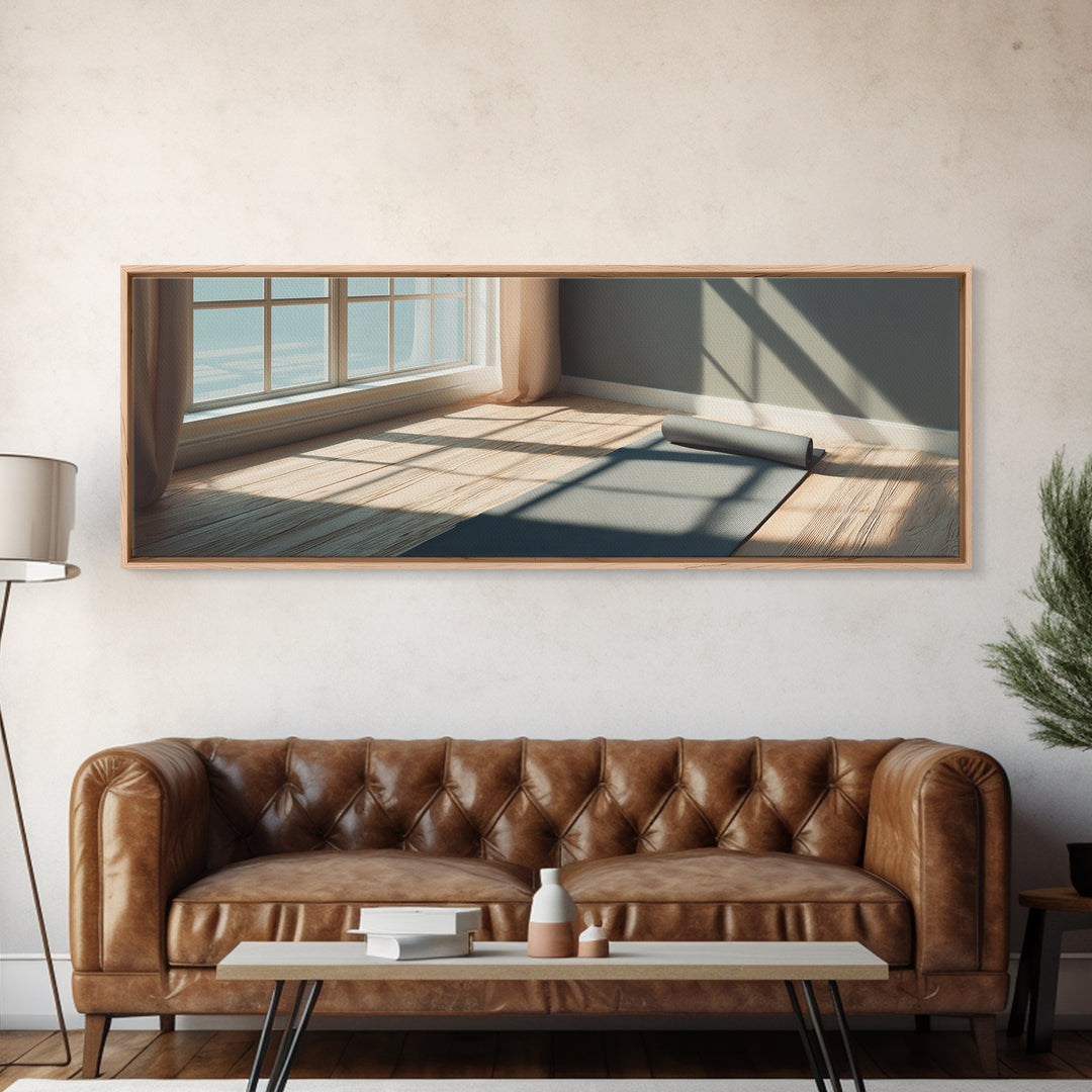 Sunlit Yoga Mat By Window Canvas Print, Calm Minimalist Fitness Studio Wall Art, Modern Wellness Room And Home Gym Decor