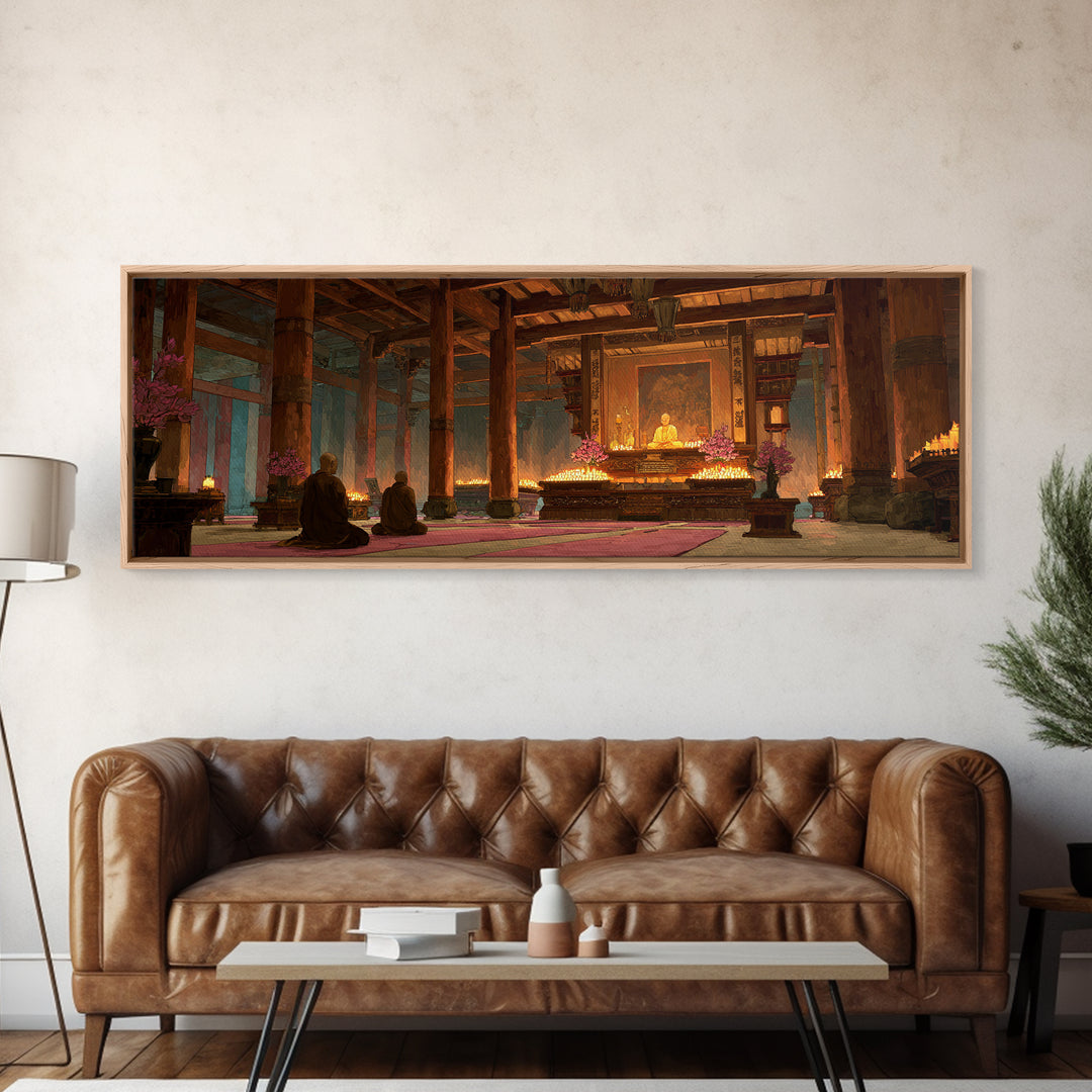Candlelit Buddhist Temple Meditation Wall Art, Zen Canvas Print For Yoga Room Decor, Spiritual Home Decor And Prayer Room