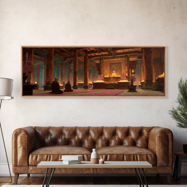 Candlelit Buddhist Temple Meditation Wall Art, Zen Canvas Print For Yoga Room Decor, Spiritual Home Decor And Prayer Room