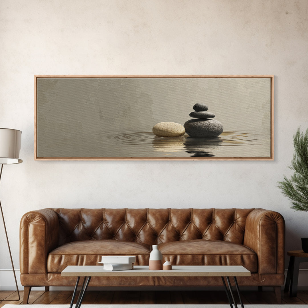 Zen Stacked Stones Framed Canvas Print, Neutral Water Reflection, Minimalist Spa Wall Art, Calm Japandi Meditation Room Home Decor