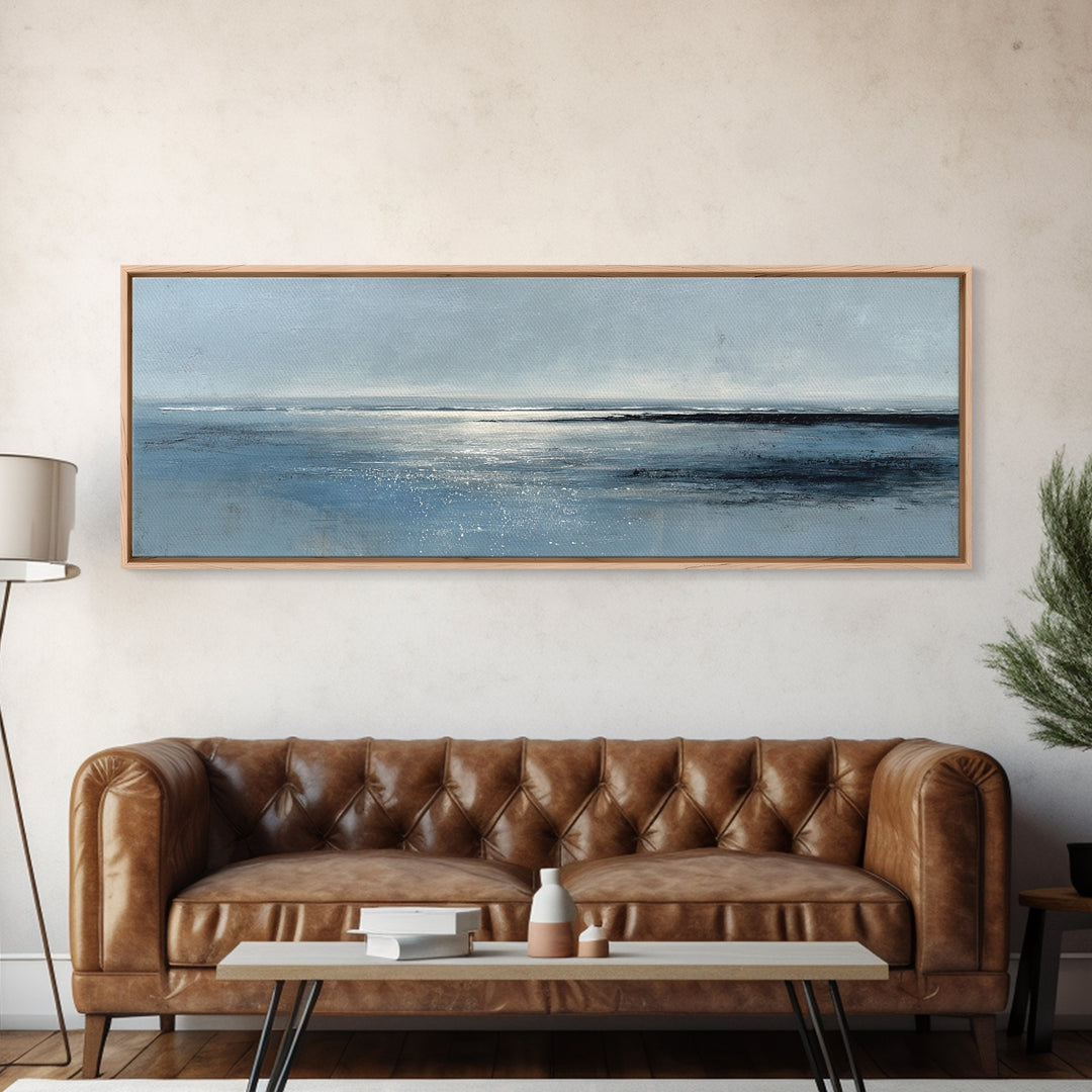 Misty Blue Ocean Horizon Wall Art, Coastal Seascape Canvas Print, Minimalist Beach Decor, Large Horizontal Living Room Art Print