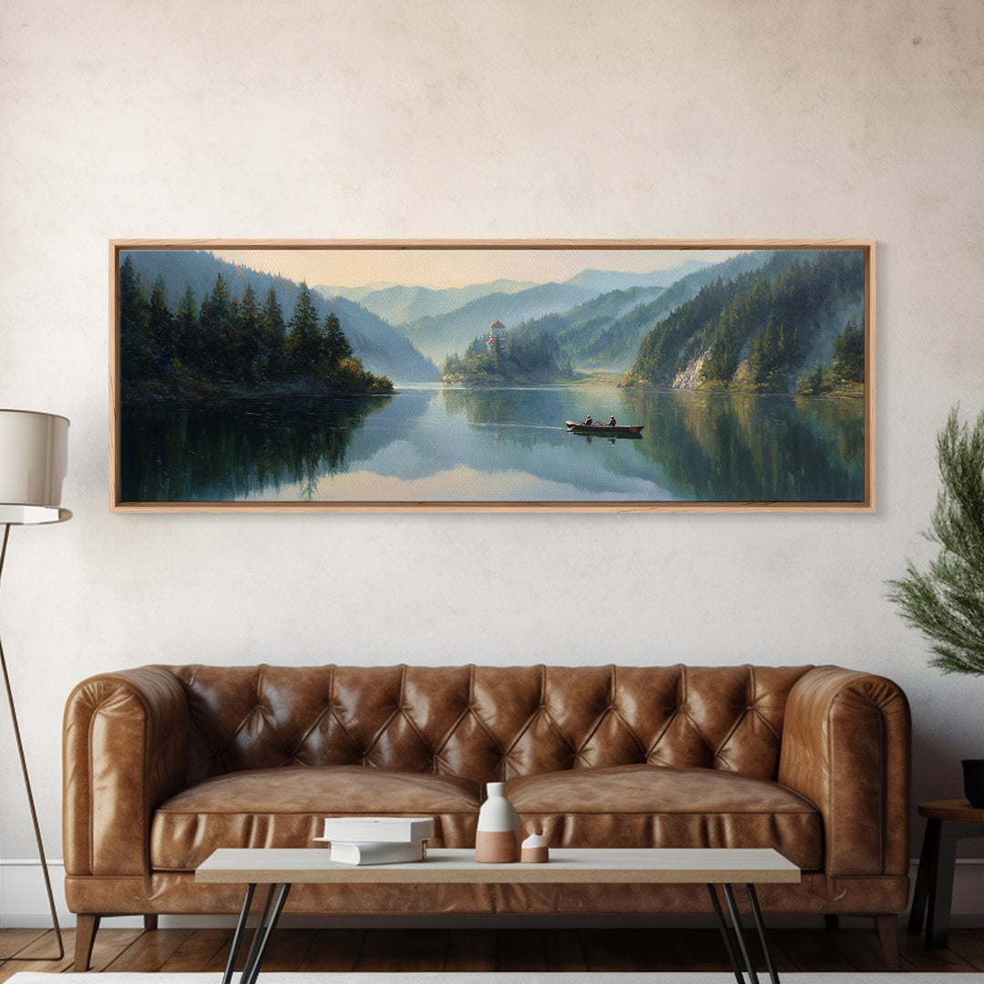 Misty Mountain Lake Boat Wall Art, Serene Landscape Canvas Print, Cabin Decor, Nature Painting, Large Living Room Decor, Housewarming Gift