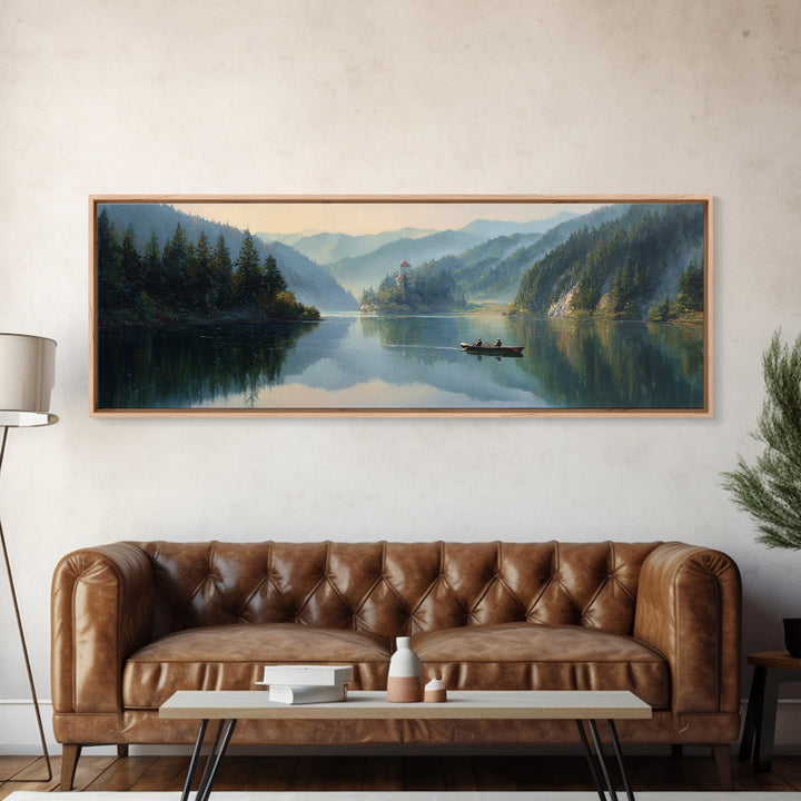 Misty Mountain Lake Boat Wall Art, Serene Landscape Canvas Print, Cabin Decor, Nature Painting, Large Living Room Decor, Housewarming Gift
