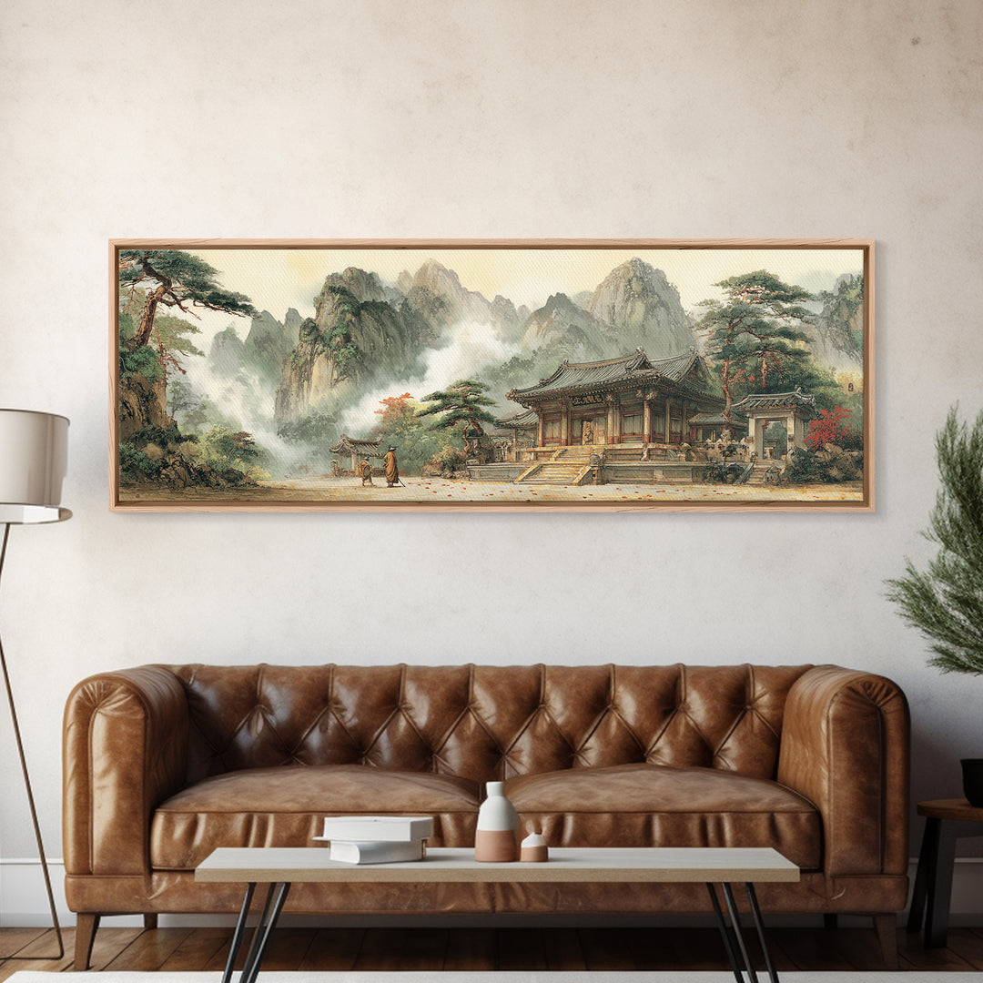 Korean Mountain Temple Wall Art, Asian Landscape Canvas Print, Zen Wall Decor, Traditional Home Art, Fine Art Print, Meditation Room Art