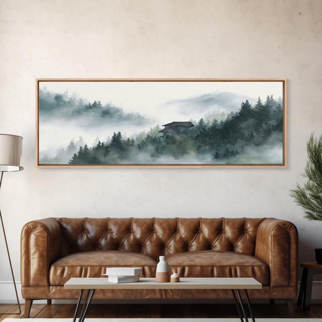 Misty Forest Cabin In Mountain Fog Wall Art, Japandi Landscape Print, Calming Nature Decor, Neutral Home Decor For Living Room