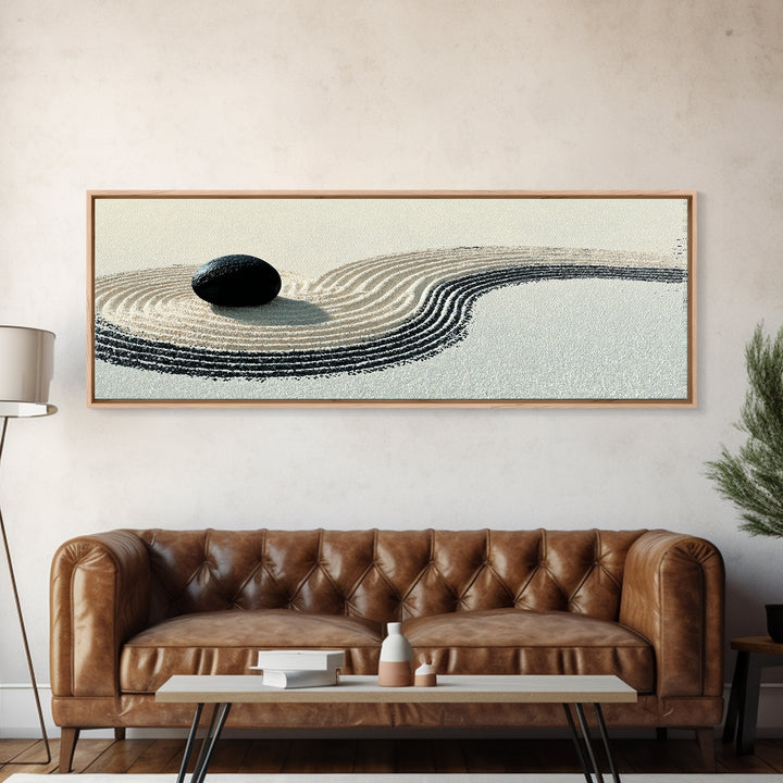 Black Stone Zen Garden Wall Art, Minimalist Sand Ripple Canvas Print, Japandi Spa Decor, Neutral Meditation Room Poster Print