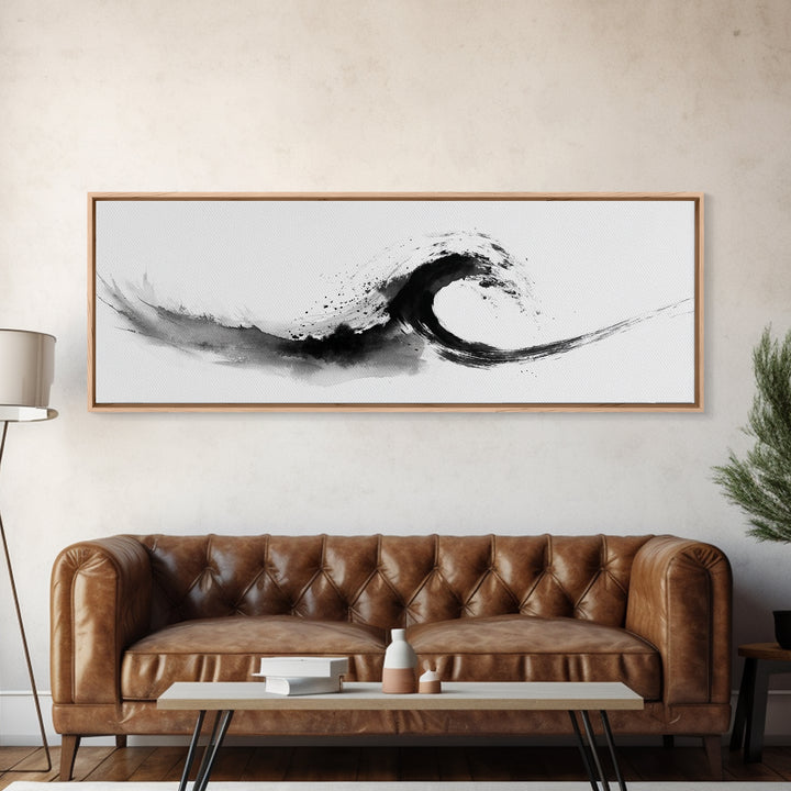Black Ink Wave Minimalist Seascape Wall Art, Japanese Sumi Ocean Print, Coastal Zen Decor, Modern Black And White Art, Long Horizontal Art