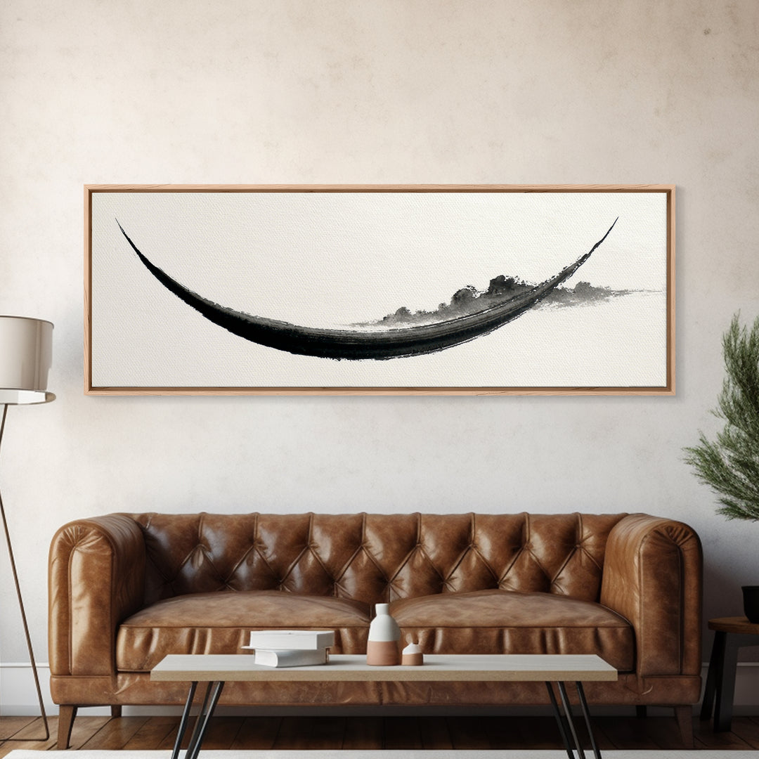 Minimal Black Ink Boat Wall Art, Japanese Zen Canvas Print, Monochrome Abstract, Wabi Sabi Decor, Long Horizontal Art Print