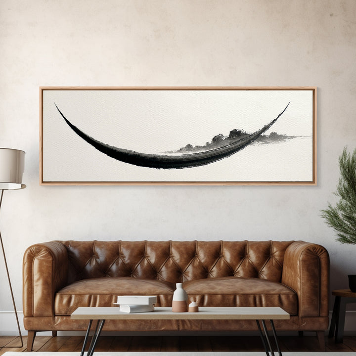 Minimal Black Ink Boat Wall Art, Japanese Zen Canvas Print, Monochrome Abstract, Wabi Sabi Decor, Long Horizontal Art Print