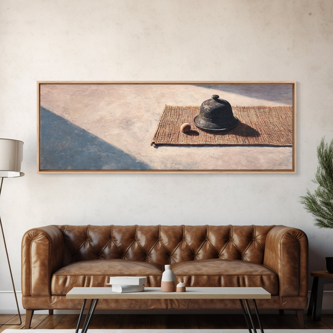 Sunlit Cloche On Woven Mat Canvas Print, Minimalist Still Life Wall Art, Rustic Kitchen Decor, Neutral Modern Home Decor