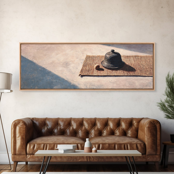 Sunlit Cloche On Woven Mat Canvas Print, Minimalist Still Life Wall Art, Rustic Kitchen Decor, Neutral Modern Home Decor