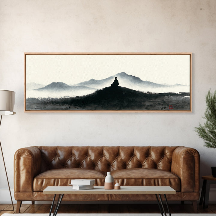 Minimalist Monk Mountain Wall Art, Japanese Ink Wash Landscape, Zen Meditation Decor, Black And White Framed Canvas Print