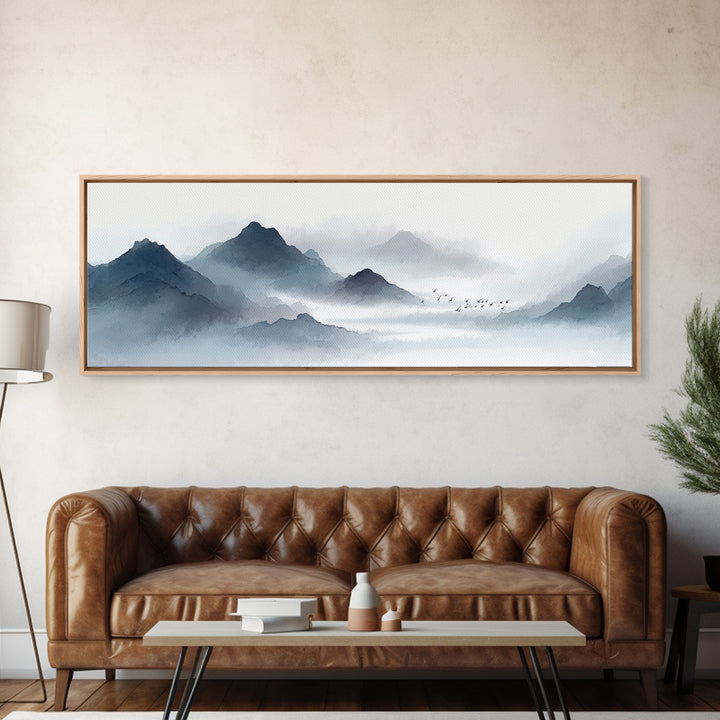 Misty Ink Mountain Landscape Canvas Print, Minimalist Japanese Wall Art, Black And White Zen Decor, Calming Office Art Print