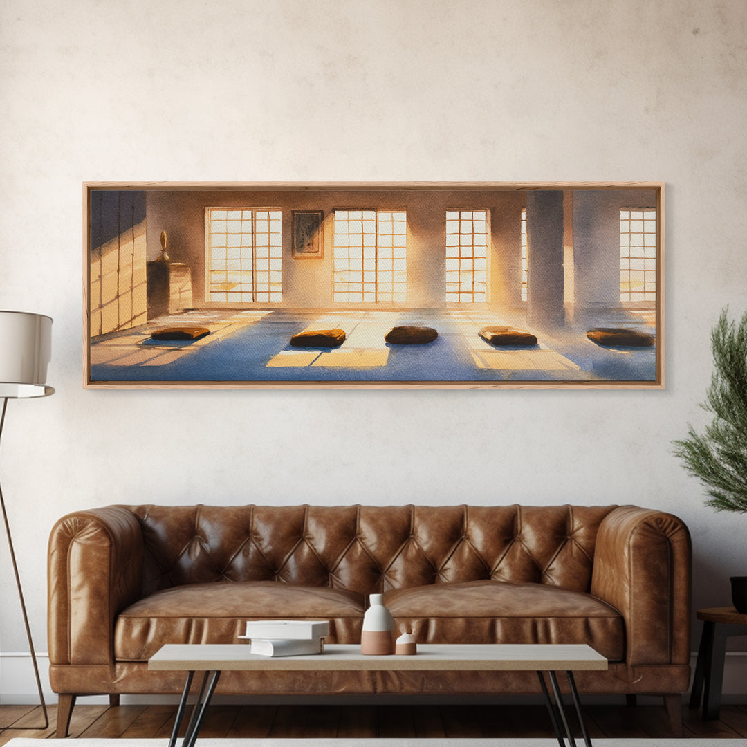 Sunlit Meditation Room With Floor Cushions Canvas Print, Zen Wall Art, Yoga Studio Decor, Calm Minimalist Spa Home Decor