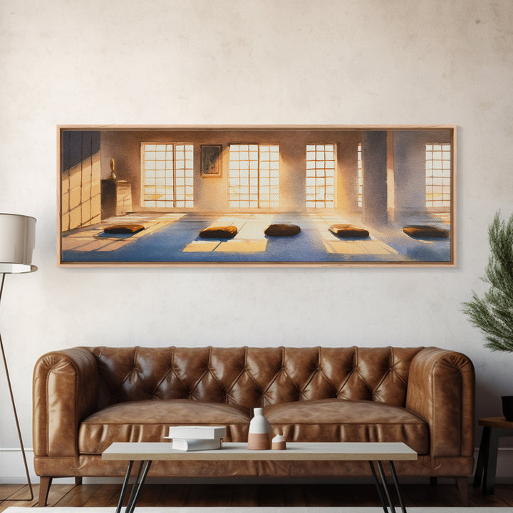 Sunlit Meditation Room With Floor Cushions Canvas Print, Zen Wall Art, Yoga Studio Decor, Calm Minimalist Spa Home Decor