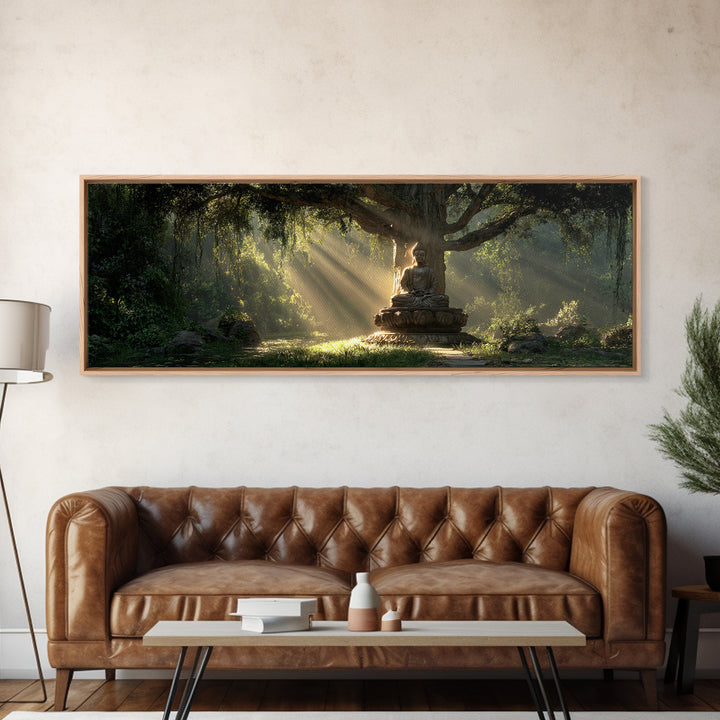 Buddha Statue In Sunlit Forest Wall Art, Zen Meditation Canvas Print, Spiritual Home Decor, Calming Nature Artwork Gift Idea