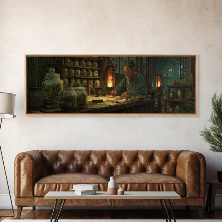 Asian Herbalist Apothecary Framed Canvas Print, Japanese Wall Art, Traditional Medicine Decor, Calligraphy, Moody Office Art