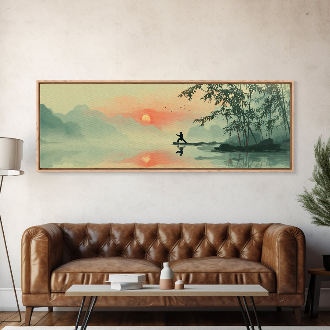 Misty Asian Lake Fisherman Wall Art, Zen Sunrise Landscape Canvas Print, Japanese Bamboo Decor, Peaceful Meditation Room Art