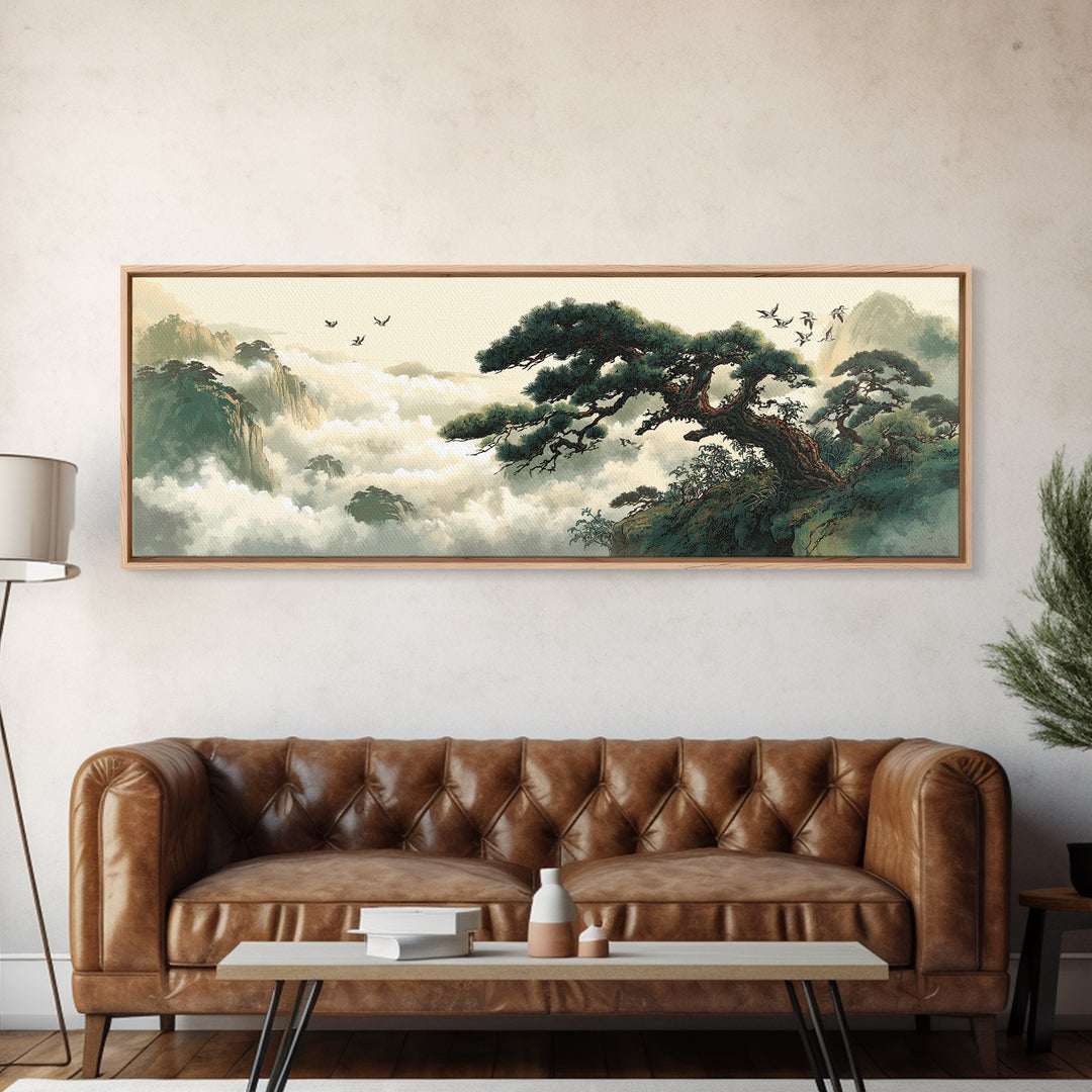 Misty Pine Mountain Landscape Wall Art, Asian Zen Framed Canvas Print, Japandi Nature Decor For Living Room And Office Home Decor