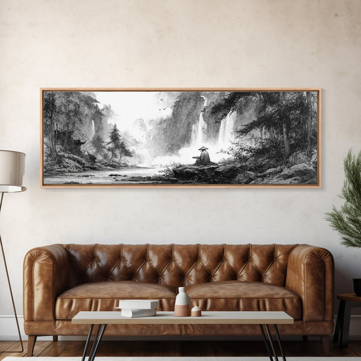 Black And White Waterfall Monk Wall Art, Japanese Landscape Print, Zen Meditation Decor, Nature Art For Office Or Living Room