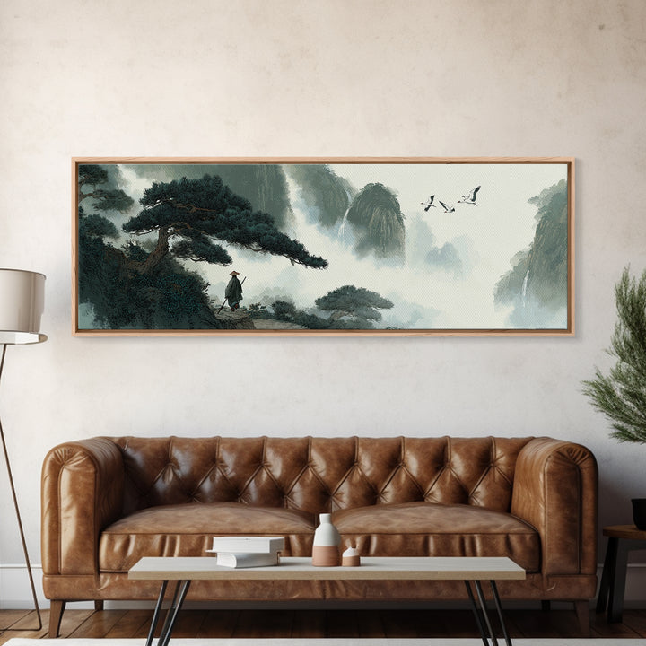 Misty Mountain Pine Landscape Wall Art, Japanese Ink Style Canvas, Zen Nature Print, Panoramic Living Room Decor, Calming Office Decor