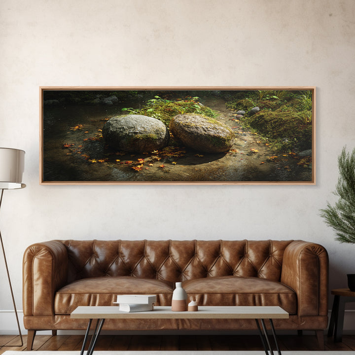 Mossy Stream Stones Nature Wall Art, Framed Canvas Print, Zen Spa Decor, Calming Landscape Art For Living Room And Office