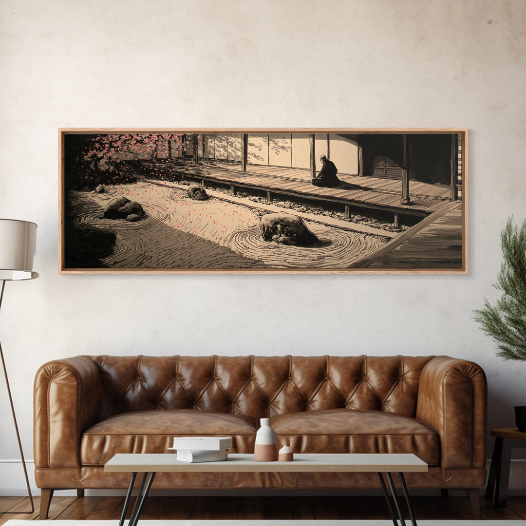 Japanese Zen Garden With Monk Canvas Print, Minimalist Sand Rake Wall Art, Japandi Meditation Decor For Tea Room And Home Decor