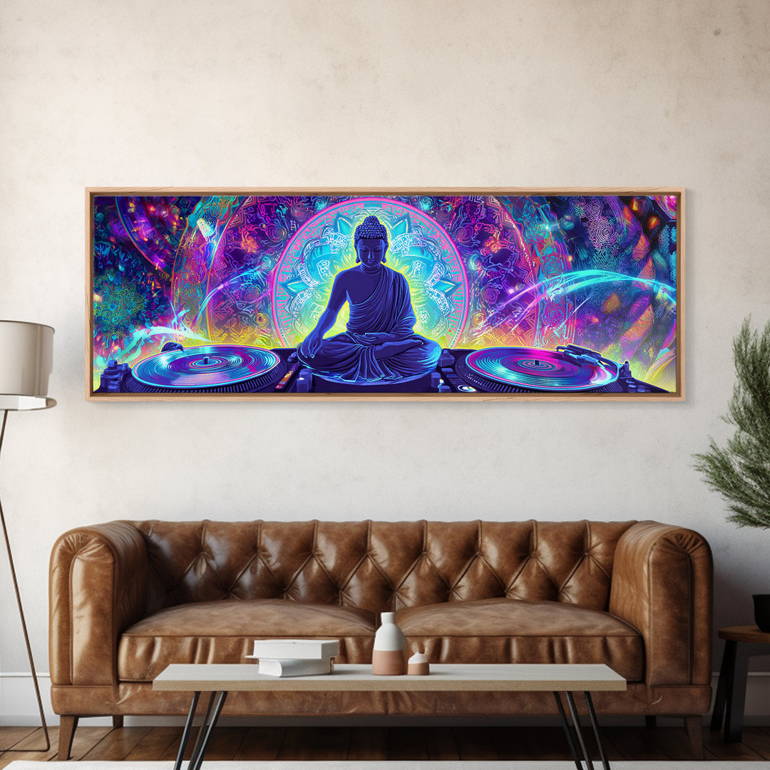 Neon Buddha DJ Canvas Print, Psychedelic Meditation Wall Art, Spiritual Decor, Yoga Studio, Music Room, Vibrant Home Decor