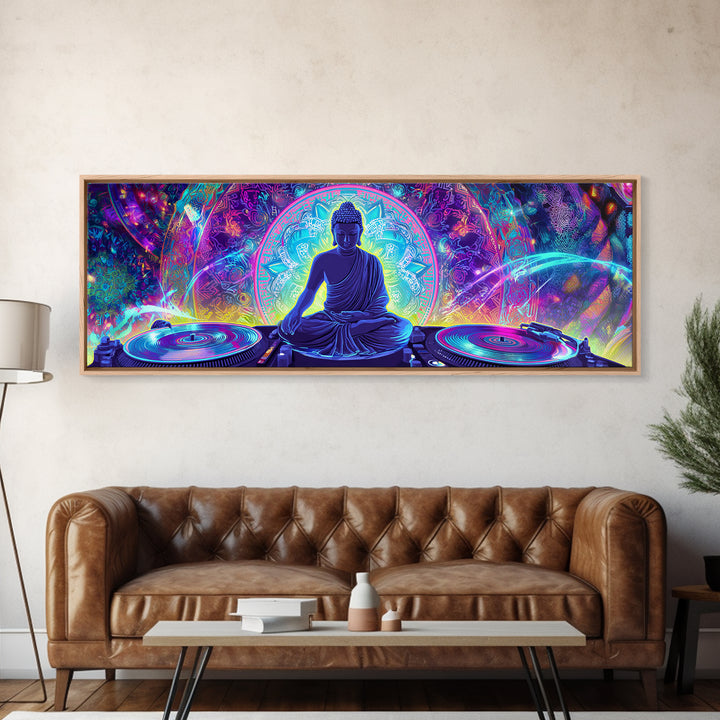 Neon Buddha DJ Canvas Print, Psychedelic Meditation Wall Art, Spiritual Decor, Yoga Studio, Music Room, Vibrant Home Decor
