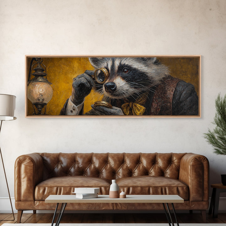 Victorian Raccoon With Monocle Canvas Print, Whimsical Animal Portrait Wall Art, Steampunk Office Decor, Quirky Gift For Him