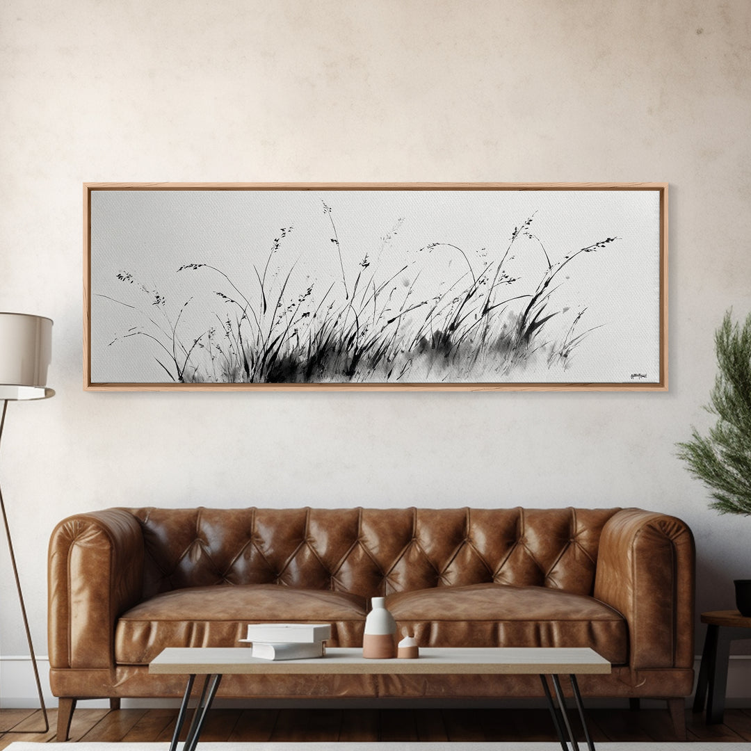 Minimalist Grass Ink Wall Art, Black And White Botanical Canvas Print, Japandi Decor, Neutral Wall Decor, Above Bed Art Print