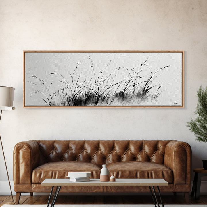 Minimalist Grass Ink Wall Art, Black And White Botanical Canvas Print, Japandi Decor, Neutral Wall Decor, Above Bed Art Print