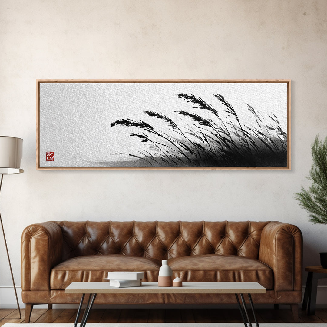 Minimal Ink Grass Reeds Canvas Print, Black And White Japandi Nature Wall Art For Calm Bedroom Decor And Zen Home Decor Print