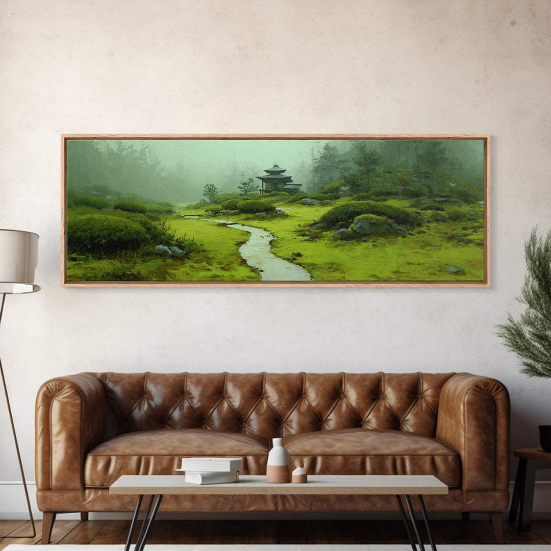 Misty Japanese Garden Path Wall Art, Pagoda Landscape Canvas Print, Zen Home Decor, Japandi Wall Decor, Calming Wall Art