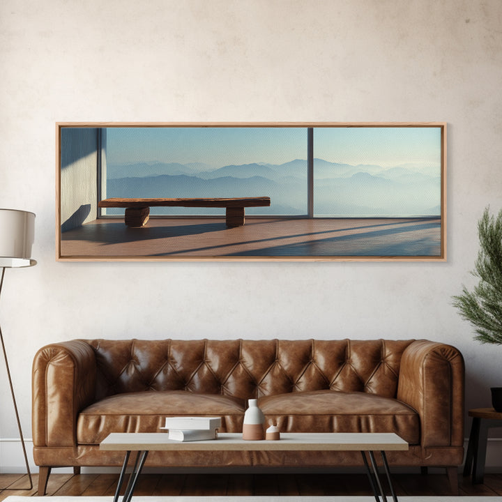 Minimal Mountain View Zen Bench Framed Canvas Print, Japandi Wall Art, Neutral Home Decor, Calming Office Decor, Living Room Decor