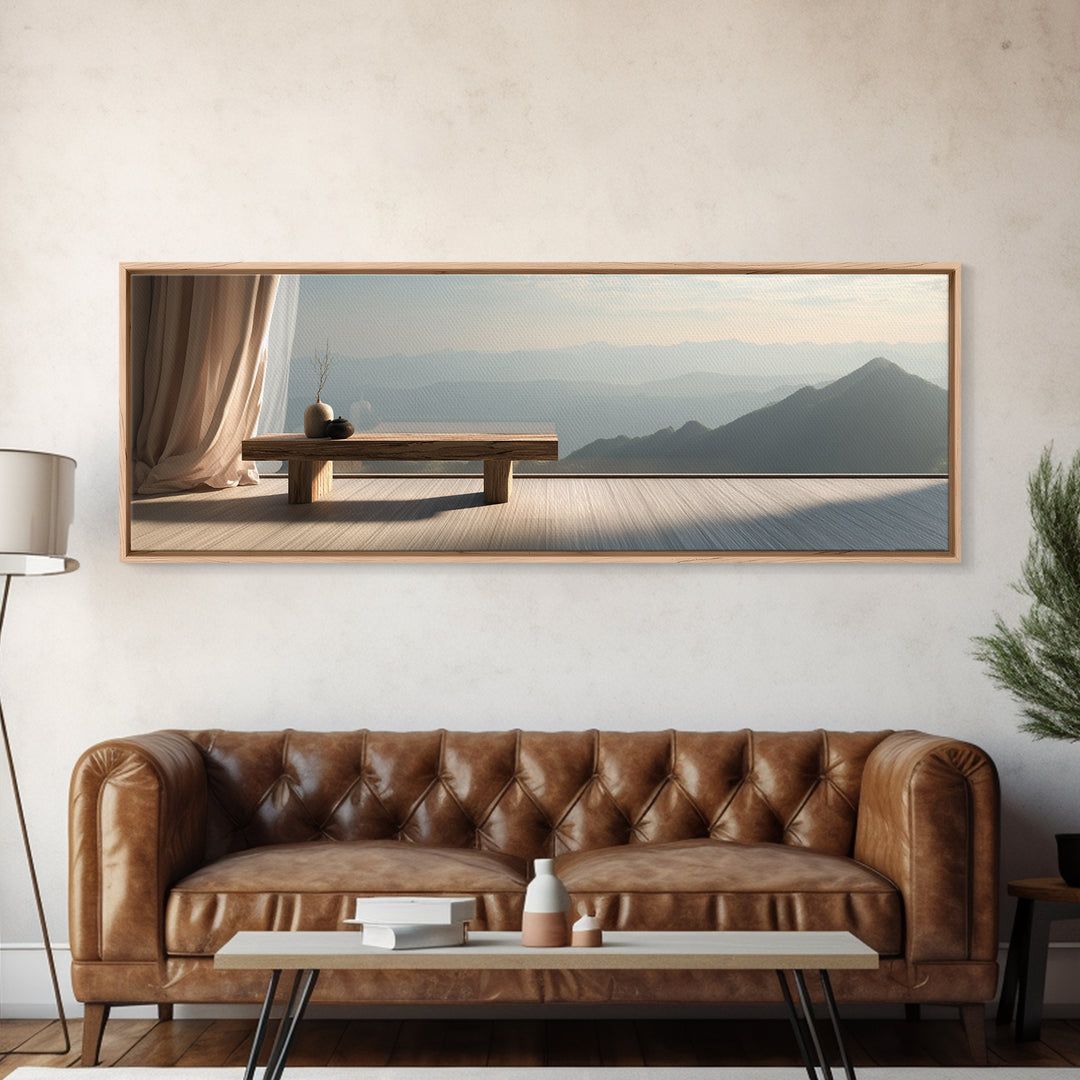 Minimalist Zen Bench Mountain View Wall Art, Japandi Interior Canvas Print, Neutral Bedroom Decor, Calming Home Gift For Her