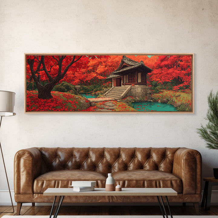 Red Maple Temple And Teal Pond Wall Art, Japanese Landscape, Autumn Forest Decor, Zen Home Decor, Panoramic Canvas Print