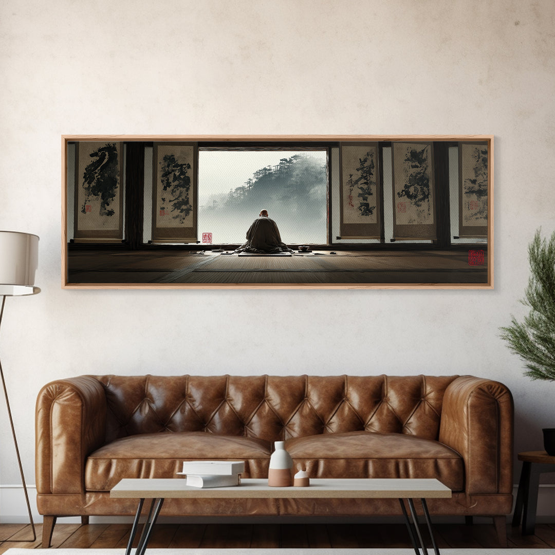 Zen Monk Viewing Misty Mountains Wall Art, Japanese Ink Framed Canvas Print, Meditation Room Decor, Japandi Home Decor, Zen Decor