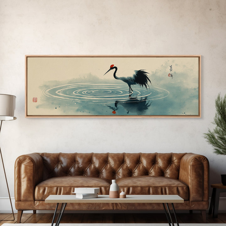 Japanese Crane Ink Painting Wall Art, Zen Bird Canvas Print, Minimalist Asian Decor, Japandi Meditation Room Gift For Her