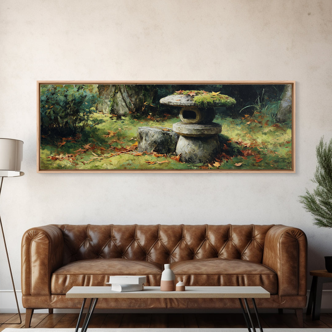 Mossy Japanese Stone Lantern Wall Art, Zen Garden Oil Painting Print, Japandi Decor, Tranquil Nature Framed Canvas Print