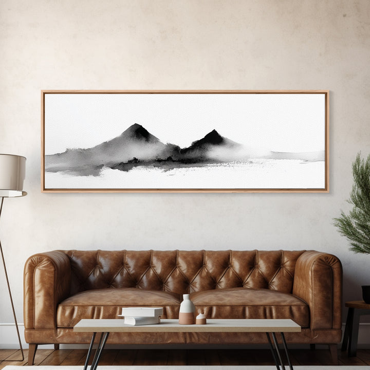 Minimal Black Ink Mountain Wall Art, Japanese Landscape Canvas Print, Wabi Sabi Zen Decor, Neutral Abstract Office Print Home Decor
