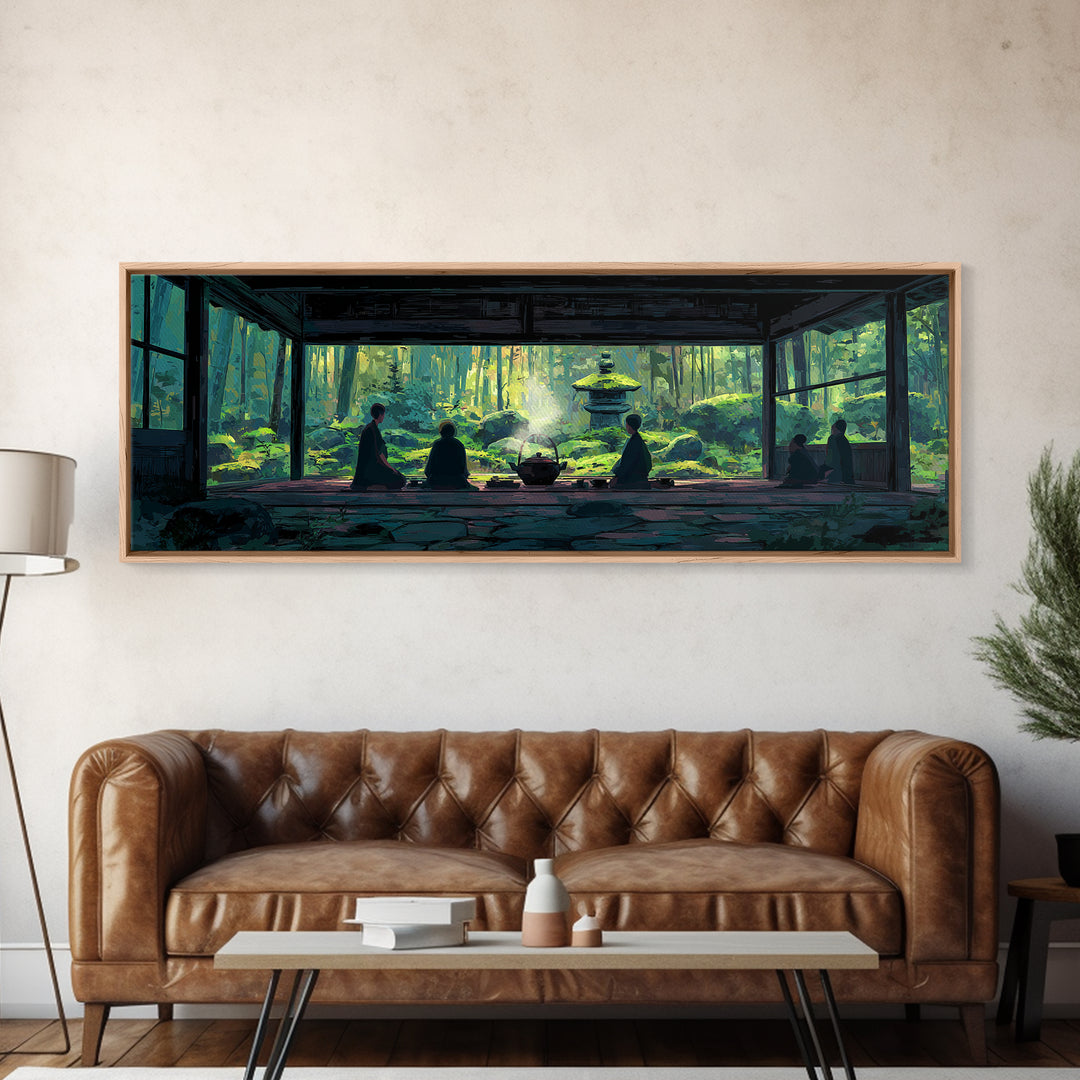 Serene Zen Tea Room With Forest Garden Canvas Print, Japanese Wall Art, Meditation Room Decor, Japandi Nature Landscape Art