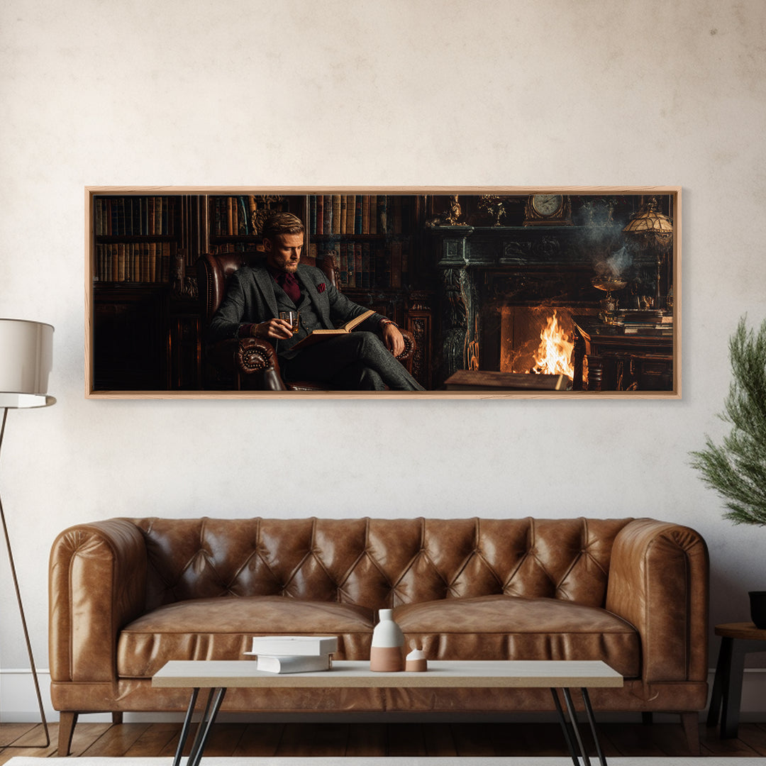 Gentleman Reading By Fireplace Wall Art, Dark Academia Library Canvas Print, Cozy Office Decor, Book Lover Housewarming Gift